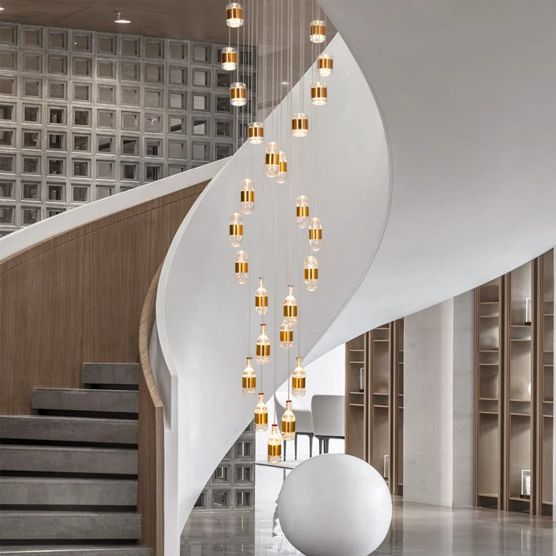 Postmodern minimalist light luxury villa duplex building chandelier Nordic crystal spiral staircase light