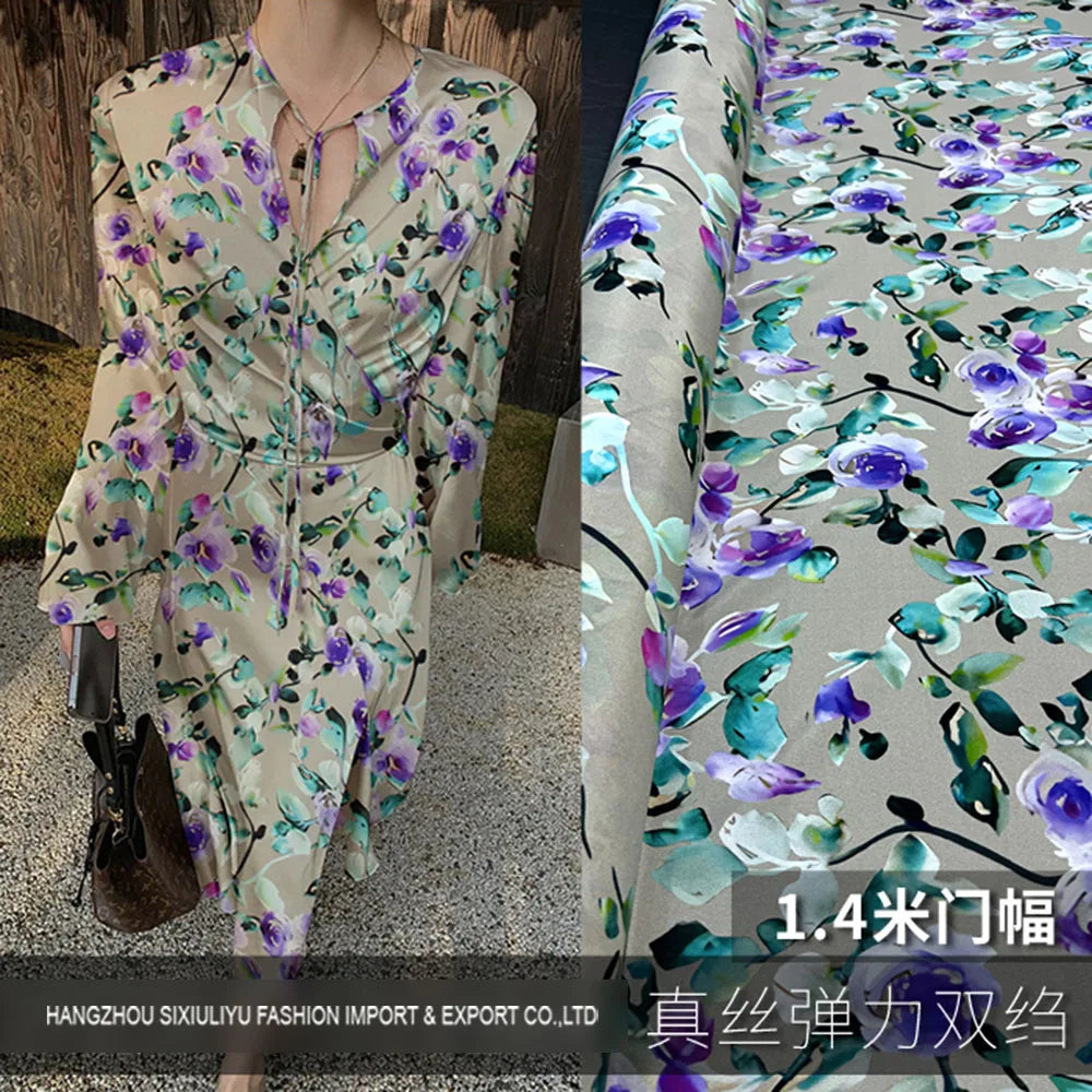 Printed Silk Stretch Crepe Fabric 18momme Width 140cm 100% Pure Silk Material For Shirt And Dresses Wholesale 2330