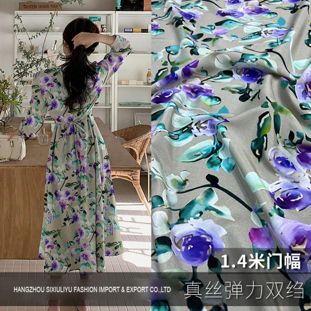 Printed Silk Stretch Crepe Fabric 18momme Width 140cm 100% Pure Silk Material For Shirt And Dresses Wholesale 2330
