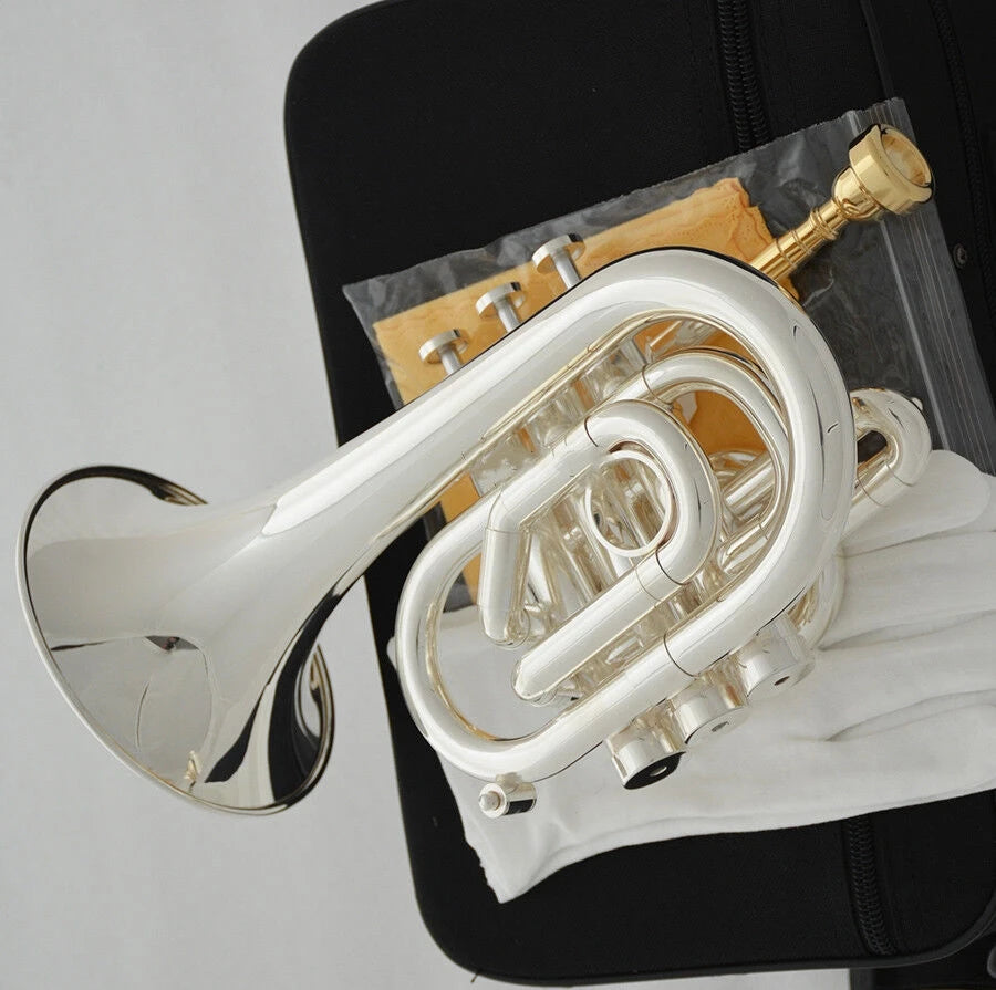 MMOOKA Professional Silver plated Pocket Trumpet Key of C Monel Valves 2 Mouth New Case