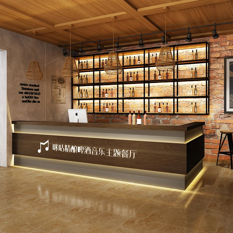 Retro cashier bar bar counter cabinet milk tea dessert cake shop coffee restaurant reception desk corner with lights