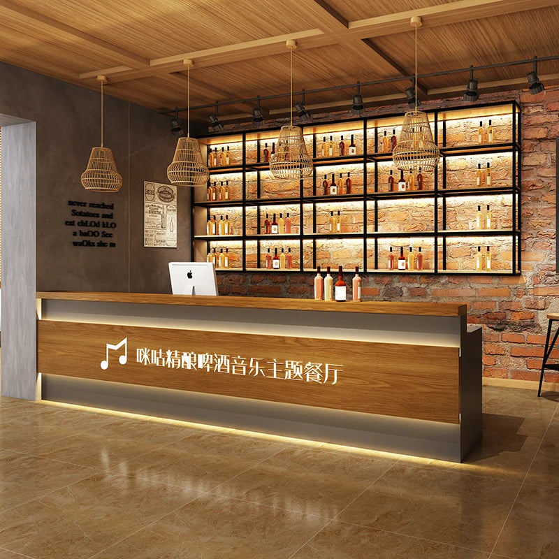 Retro cashier bar bar counter cabinet milk tea dessert cake shop coffee restaurant reception desk corner with lights