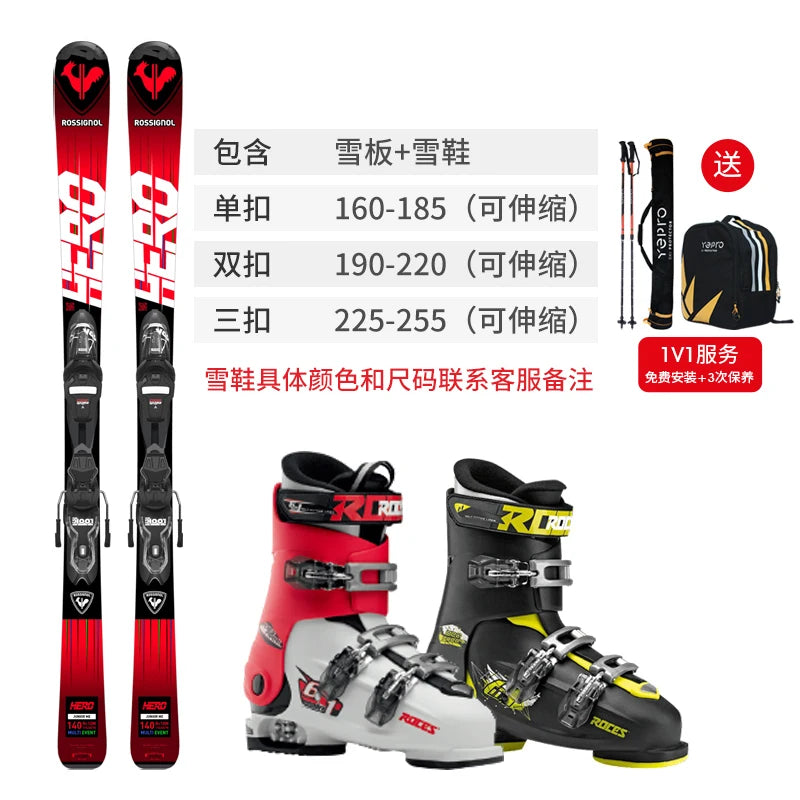 лыжные палки Rossignol France GOLDEN ROOSTER Children's Skis Double Board Set Full Set Skiing Boots Youth Ski Equipment