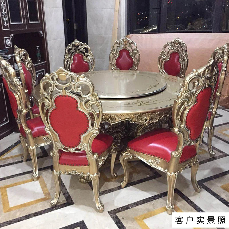 Round dining table and chairs, new classical European style solid wood villa furniture, 1.8M dining table