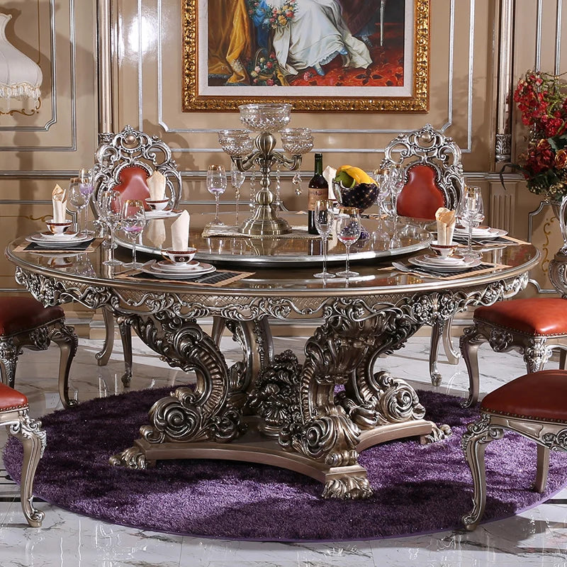 Round dining table and chairs, new classical European style solid wood villa furniture, 1.8M dining table