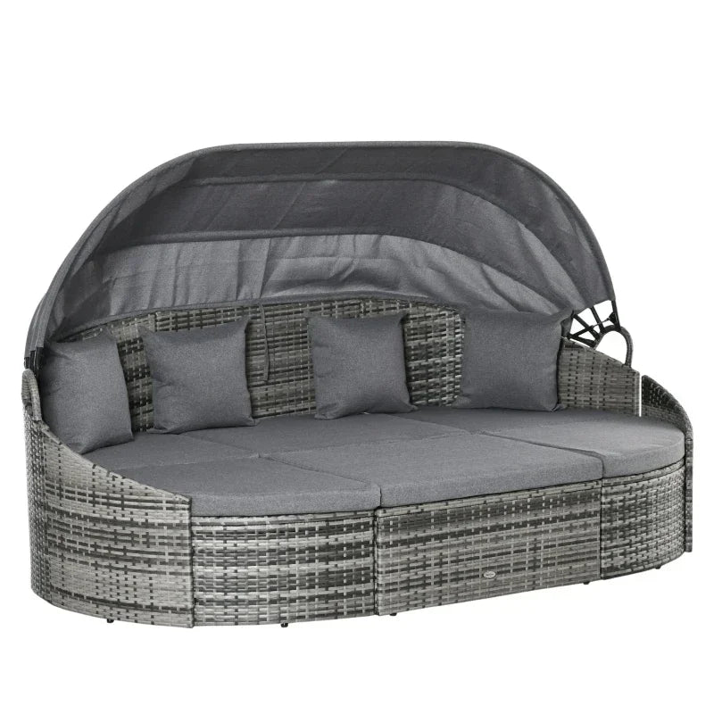 MMOOKA Grey Outdoor Round Daybed 4 Pieces Wicker Outdoor Rattan Sofa with Canopy,Cushions,Pillows for Lawn Garden Backyard
