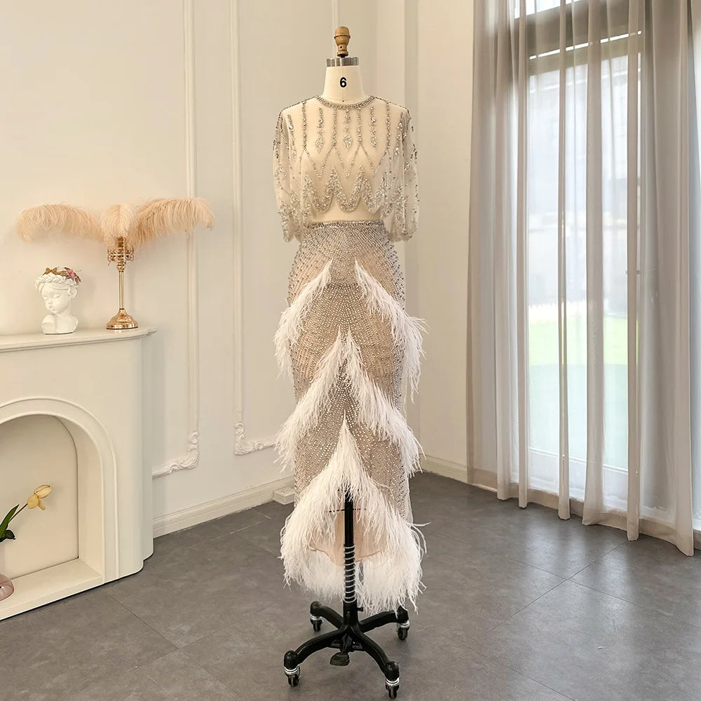 Sharon Said Luxury Dubai White Feathers Two Pieces Evening Dress for Women Wedding Beads Short Prom Party Gowns SS363 Customized