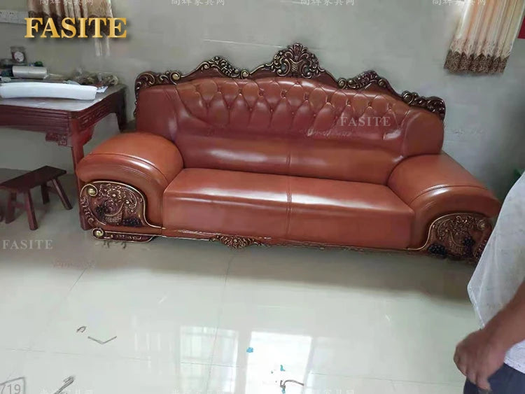 Sofa top layer cowhide living room combination three person solid wood thick leather large unit