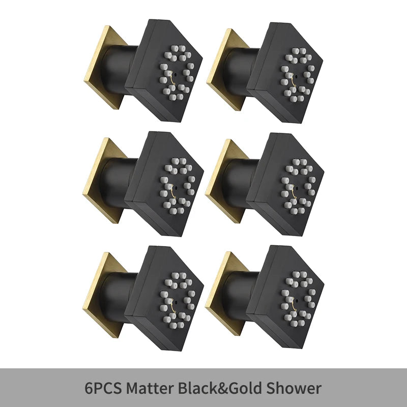 MMOOKA Black Square Body Rain Shower Spray Jets Bathroom Solid Brass Head Sprayer Set Saving Water Massage Jet System MMOOKA.COM