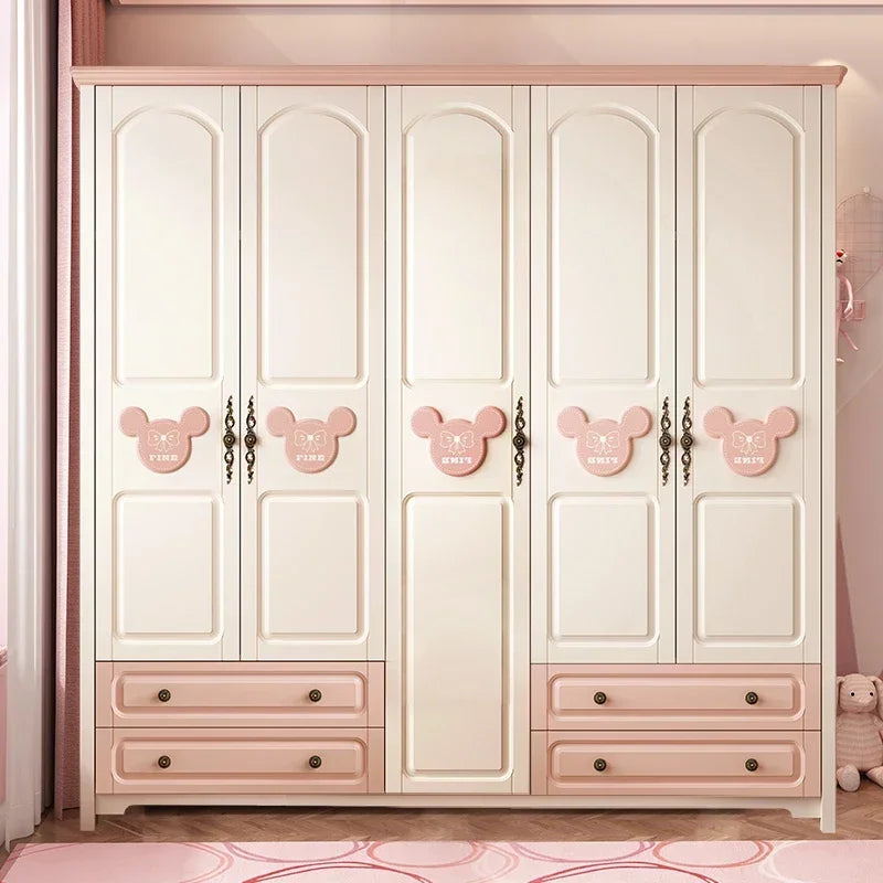 MMOOKA Children's Wardrobe Home Bedroom Cabinet Wood Foot Two Doors Three Doors Vertical Hinged Door Girls Pink