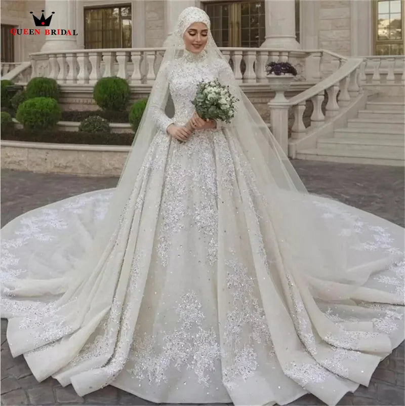 Muslim Wedding Dresses Ball Gown High Neck Long Sleeve Tulle Lace Appliques Beading Diamond Luxury Bridal Gown Customize DZ69M
