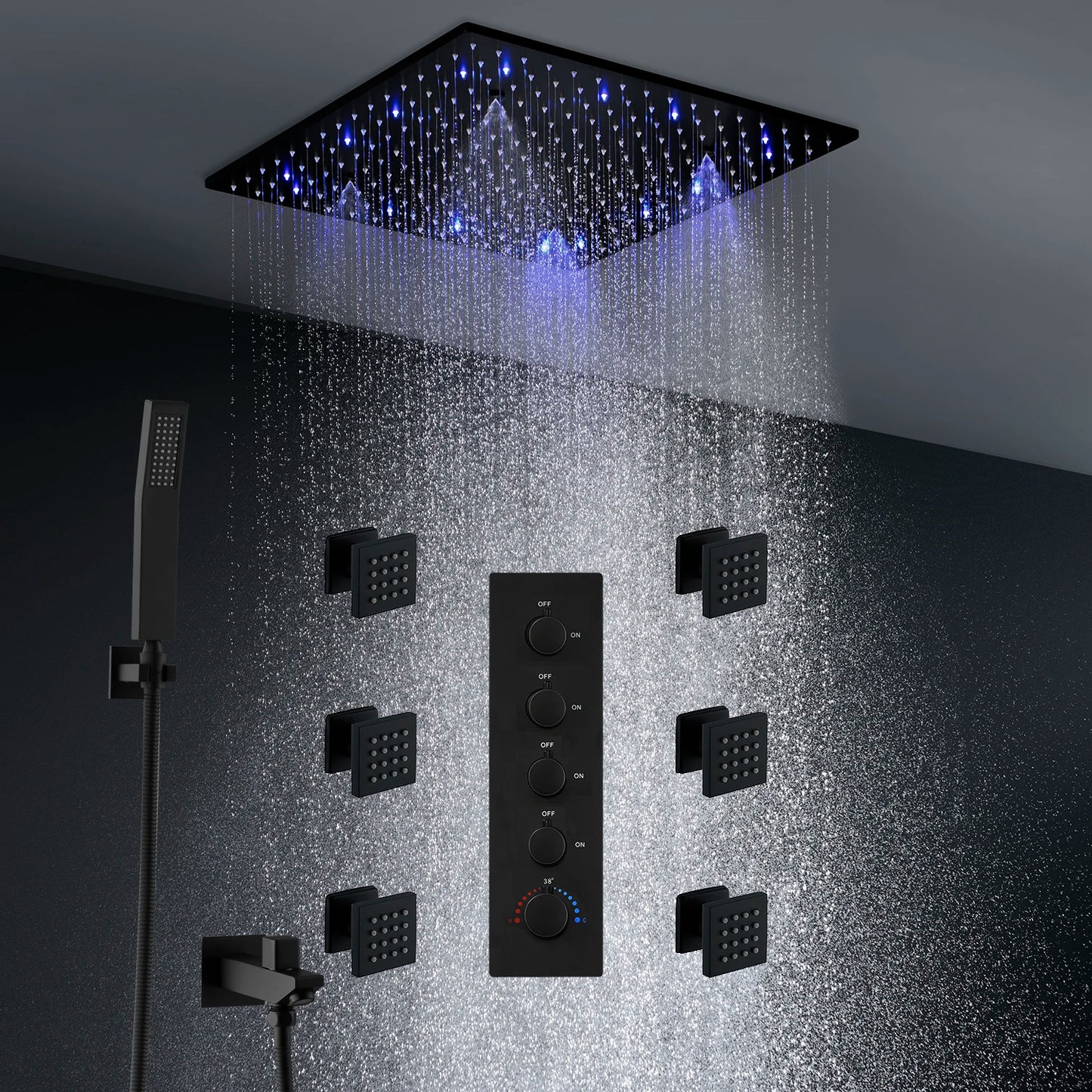 ANTNX Luxury 16/20 Inch 400/500mm Rainfall Mist Spray LED Shower Head Set Constant Temperature Valve Mixer With Side Massage Jets ANTNX.COM
