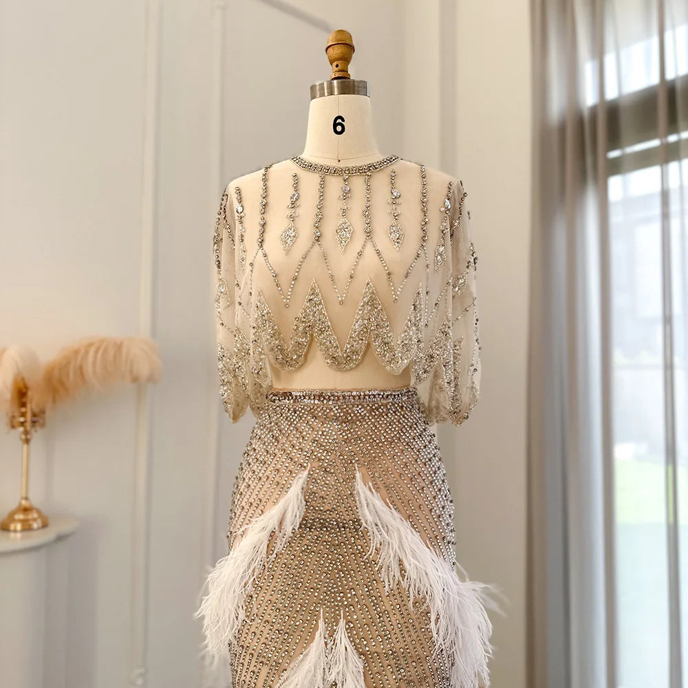 Sharon Said Luxury Dubai White Feathers Two Pieces Evening Dress for Women Wedding Beads Short Prom Party Gowns SS363 Customized