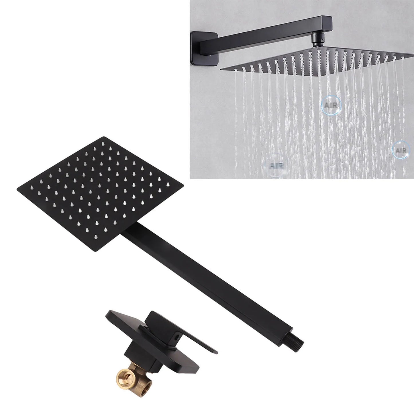 20x20cm Square Rain Shower Kit Single Handle in Wall Waterfall Shower Head Kit Black Bathroom Home Accessories