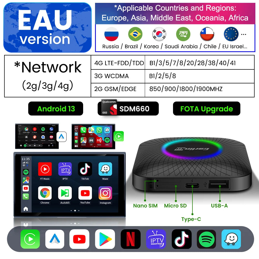 MMOOKA Carlinkit Tv Box SDM660 Qualcomm 8 Core Android 13 CarPlay Android Auto Wireless Adapter Support Online Video USB-A Port Youtube