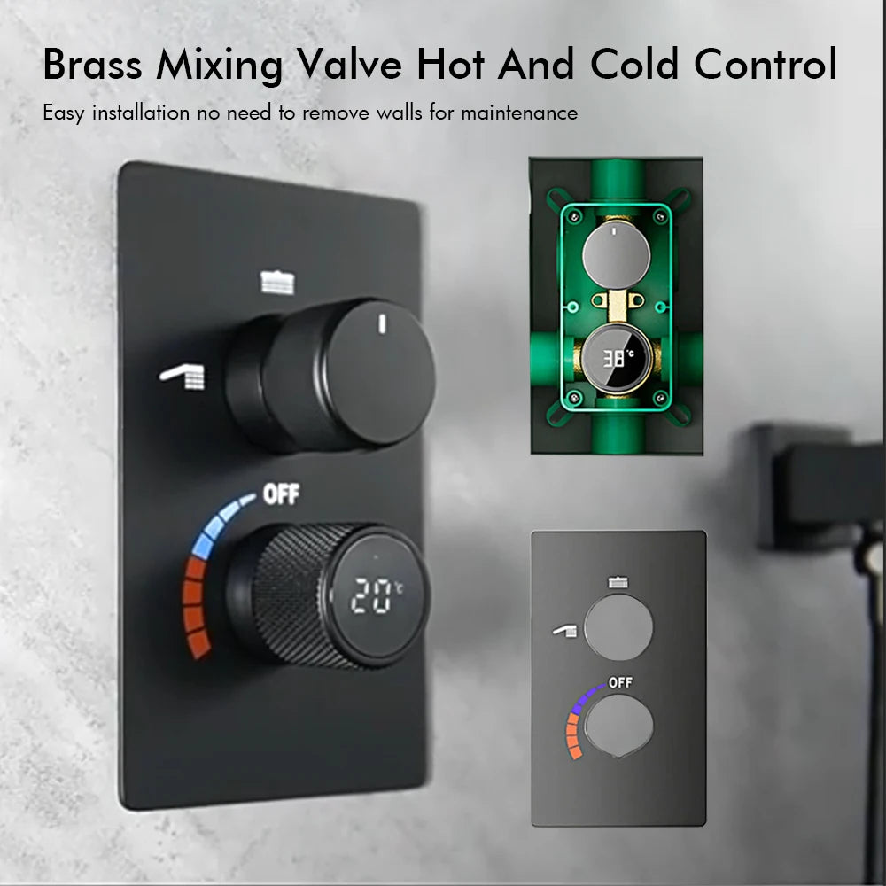 ANTNX Thermostatic Digital Display Shower Faucet 38 Degrees Adjustable Knob Hot and Cold Bathroom Tap 10 Inches Head Shower System Set ANTNX.COM