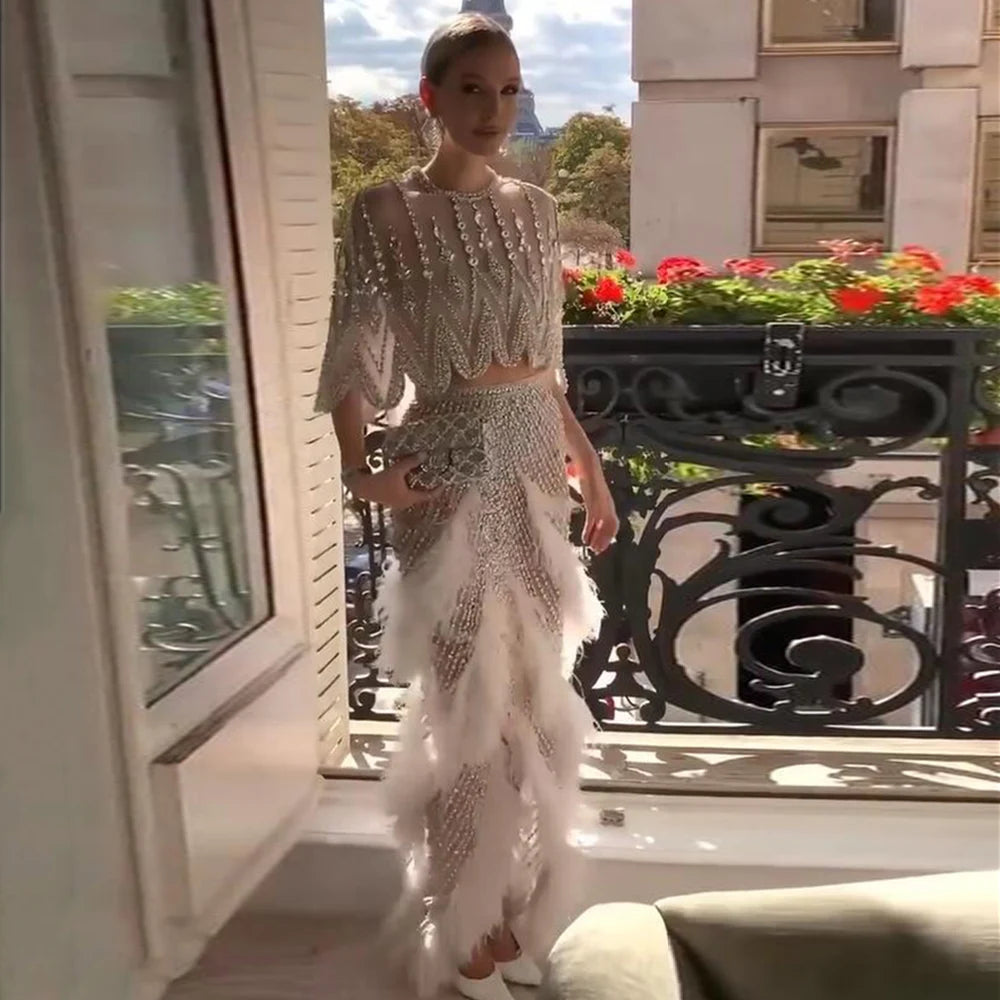 Sharon Said Luxury Dubai White Feathers Two Pieces Evening Dress for Women Wedding Beads Short Prom Party Gowns SS363 Customized