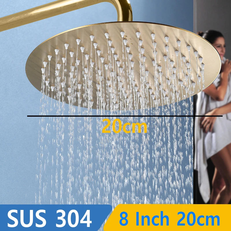 Rushed Golden Shower Head Bathroom Sus 304 Stainless Steel Rainfall Rain Wall Mounted 8 "/10"/12" Shower Head Faucet Accessories