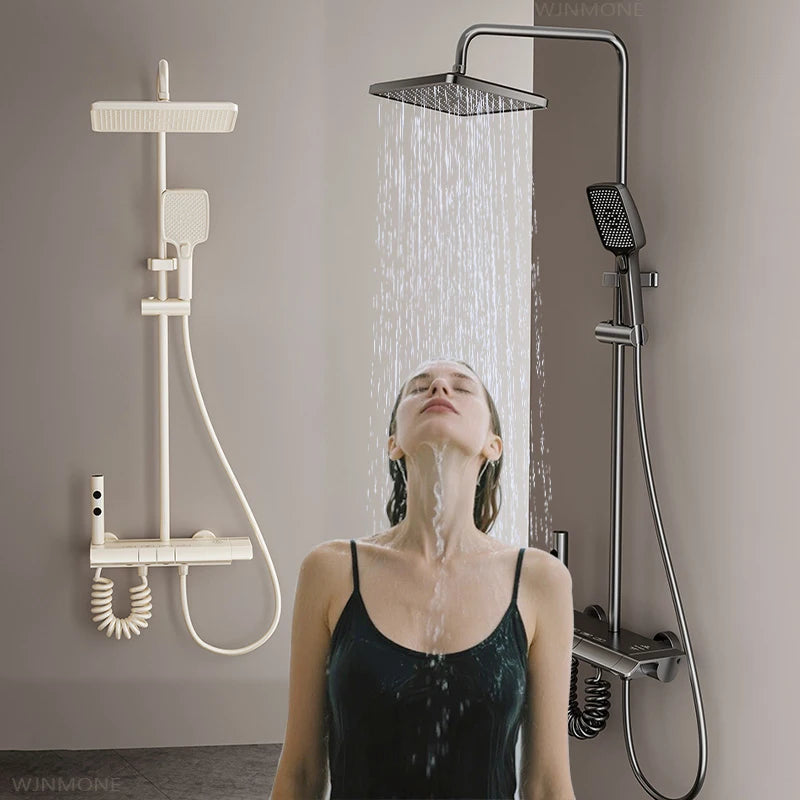 MMOOKA Milk White Waterfall Shower System for Bathroom Modern Bath Crane Mixer Tap Shower Faucets Water Saving Rain Bathtub Shower Set MMOOKA.COM