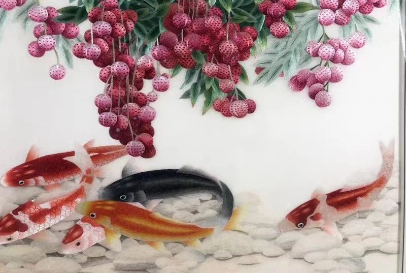 Handmade 100% Mulberry Silk Thread Finished Suzhou Embroidery not include frame ,Lychee and carp 50*100cm