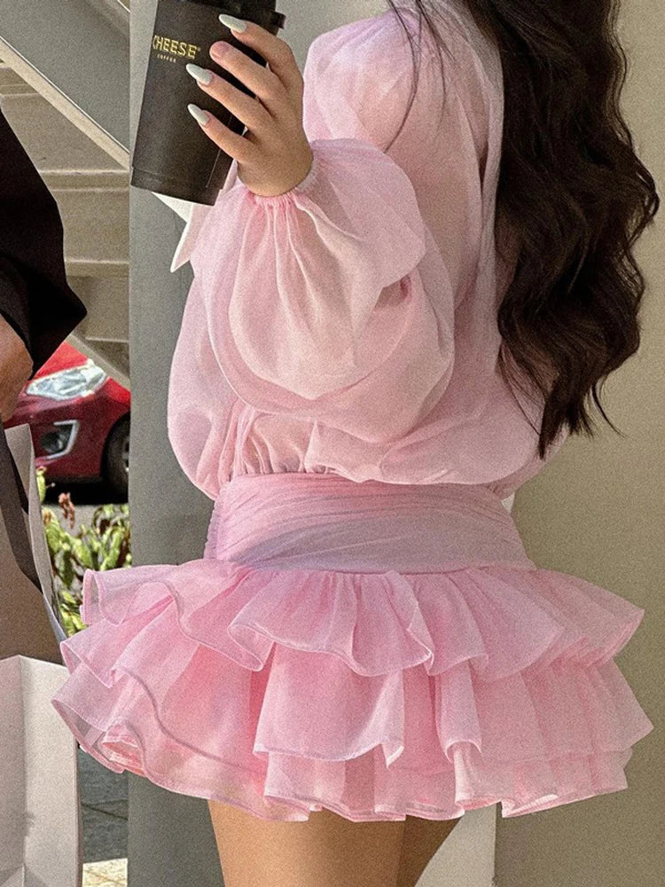 MMOOKA Tossy Fashion White Ruffled Mini Dress For Women Cardigan Patchwork See-Through Long Sleeve Sexy Night Club Party Dress Women's