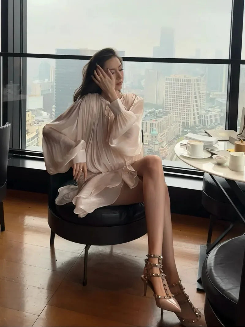 Lazy Style Casual Mesh Puff Sleeve Short Pleated Ruffle Edge Design Short Dress Elegant Mini Shirts Dress Fashion Women AF2A