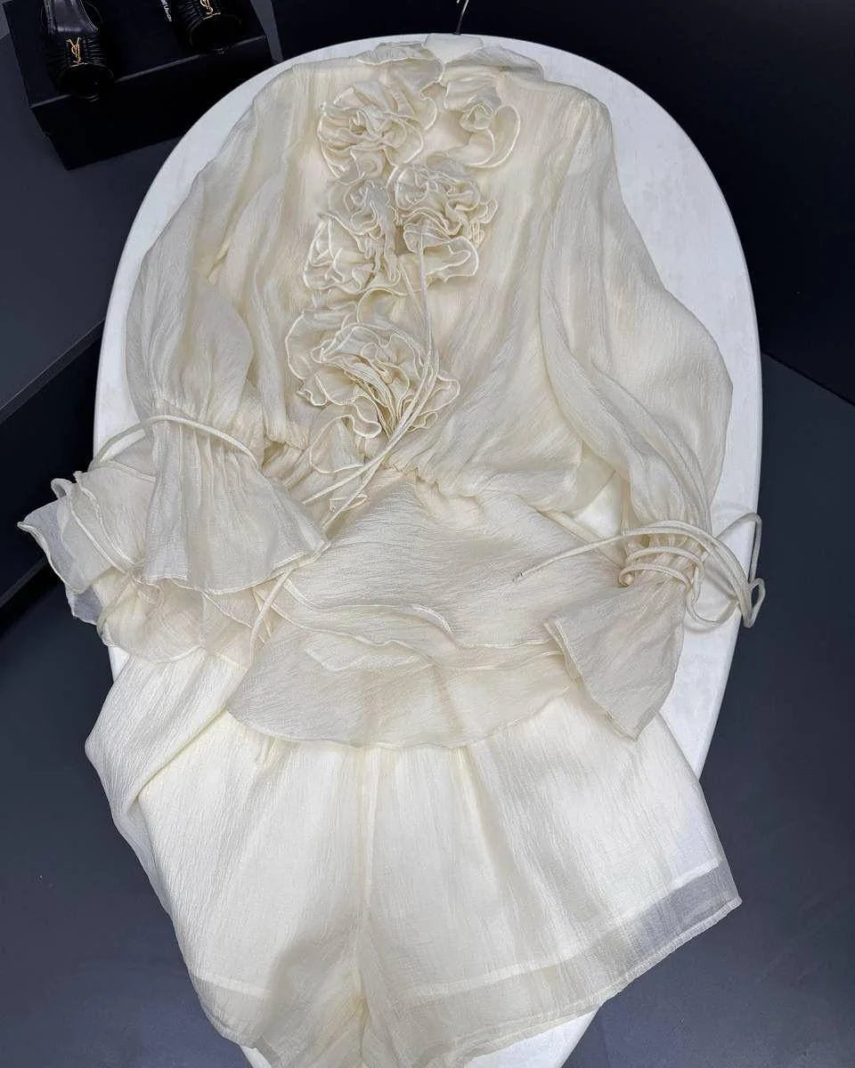 Summer Women Mesh Spliced 3D Flowers Chiffon Shirt Long Lantern Sleeve Gauze Ruched Lotus Blouses Tops + Elastic Shorts 2Pcs Set