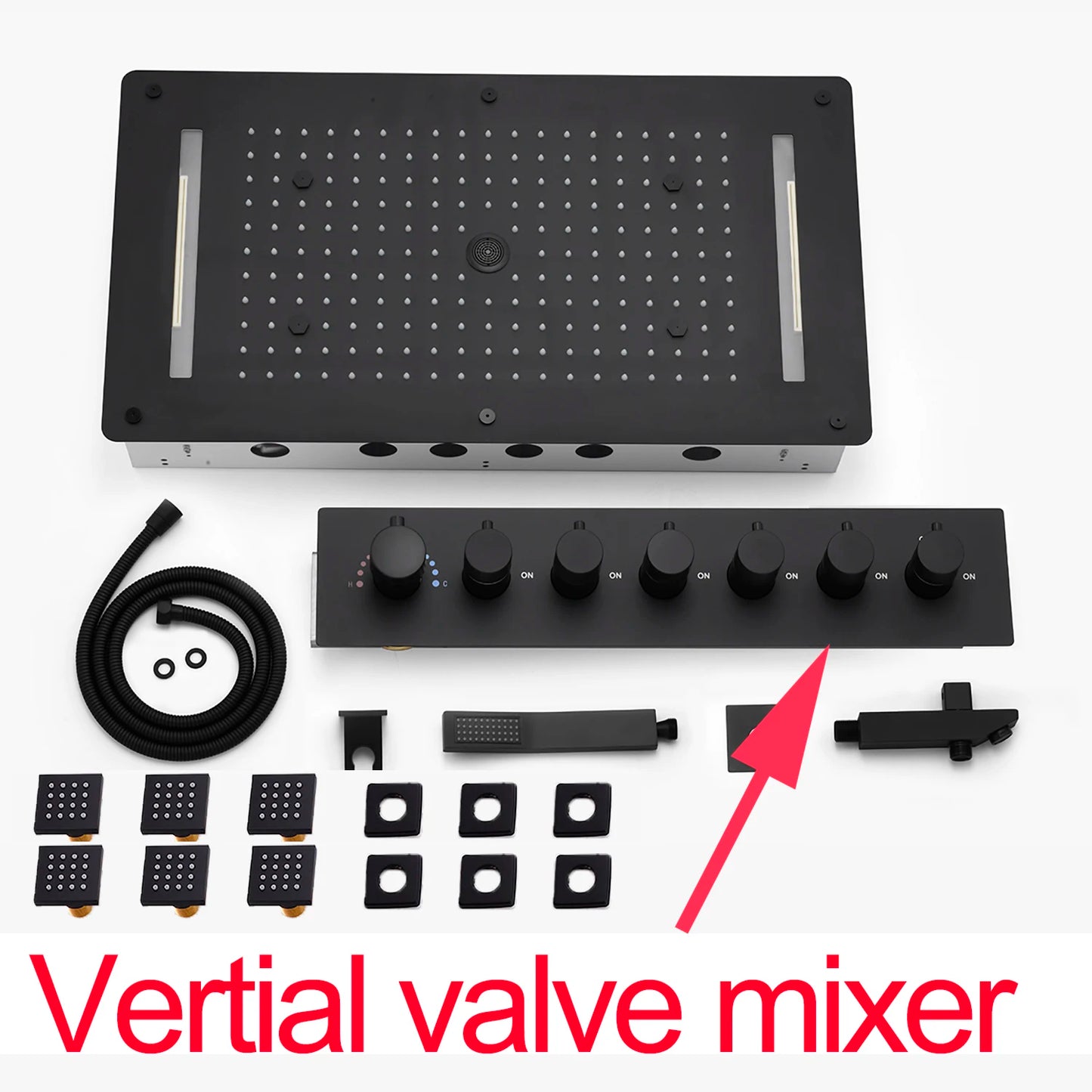 MMOOKA Matt Black Shower Faucet Panel 28x15 Inch RGB LED Shower Head Set Thermostatic Mixer Valve Kit 6 Pcs 2 Inch Side Jets MMOOKA.COM