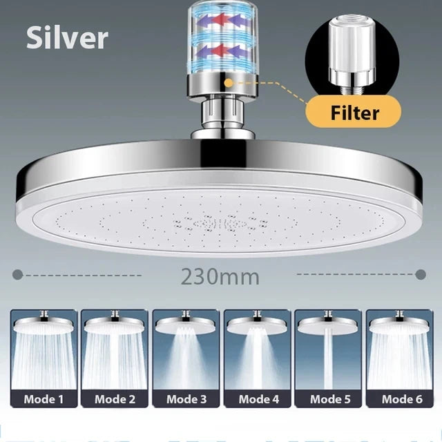 New 6 Modes Rainfall Shower Head Bathroom High Pressure Top Rain Showerheads 360° Rotation Top Spray Shower Faucet Accessories