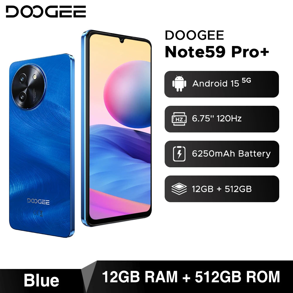 MMOOKA DOOGEE Note59 Pro+ 5G Smartphone Android 15 Global Version 6250mAh Battery 6.75'' 120Hz Display 12GB 512GB Mobile Phone NFC