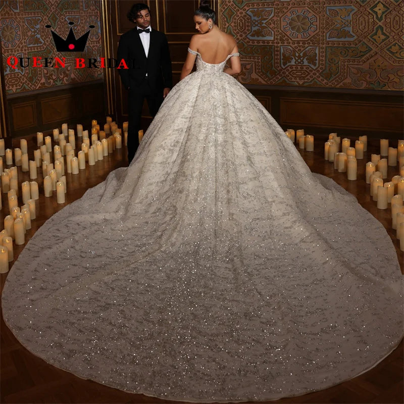 Luxury Sequined Lace Wedding Dresses Off The Shoulder Backless Floor-Length Bridal Ball Gowns Robe De Mariée Custom Y75X