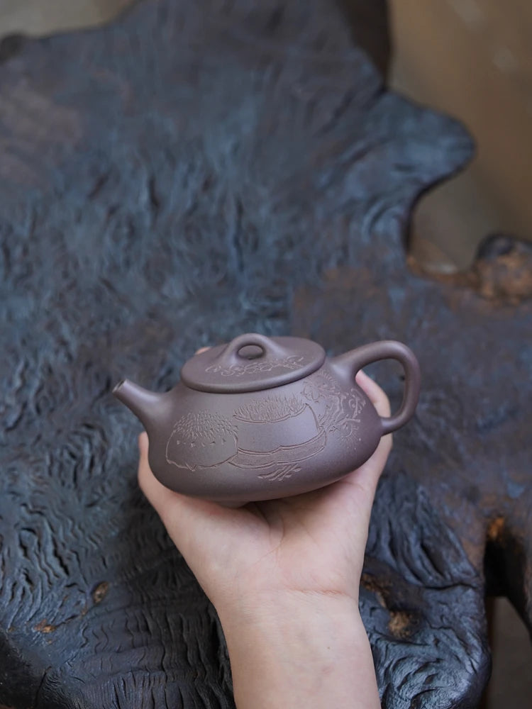 Zen Yuantang Yixing Purple Clay Pot Carving Flat Lid Shipiao Teapot Huanglongshan Raw Ore Daguitan Sky Blue Mash