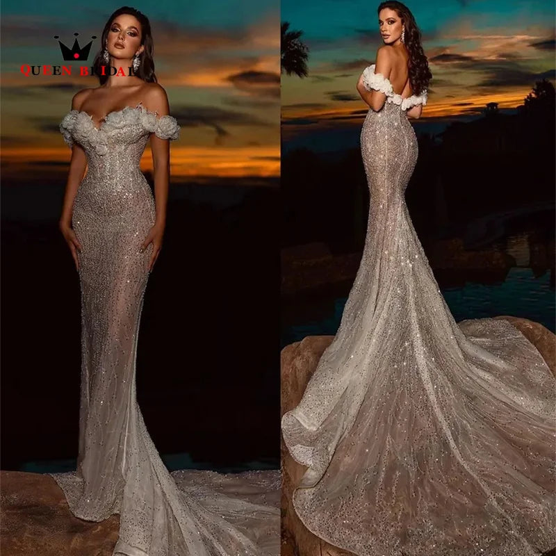 Luxury Sequined Pearls Lace Wedding Dress 2023 Off Shoulder Sexy Mermaid Sweetheart Bridal Gown Robe De Mariée Custom Y50W