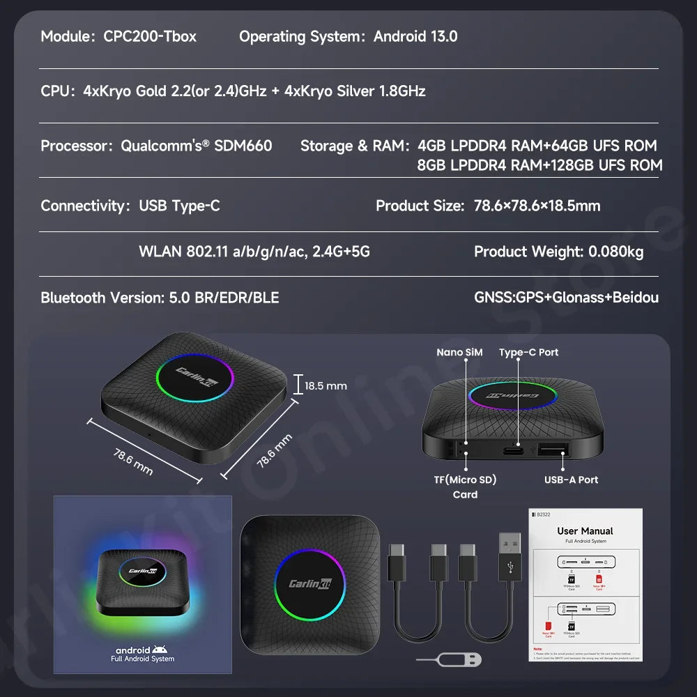 MMOOKA Carlinkit Tv Box SDM660 Qualcomm 8 Core Android 13 CarPlay Android Auto Wireless Adapter Support Online Video USB-A Port Youtube