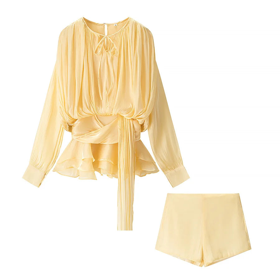 TRAFZA Women Elegant Chic O-Neck Pleated Decoration Long Sleeves Solid Mini Dress+Fashion Rear Zipper Slim Shorts 2 Piece Set