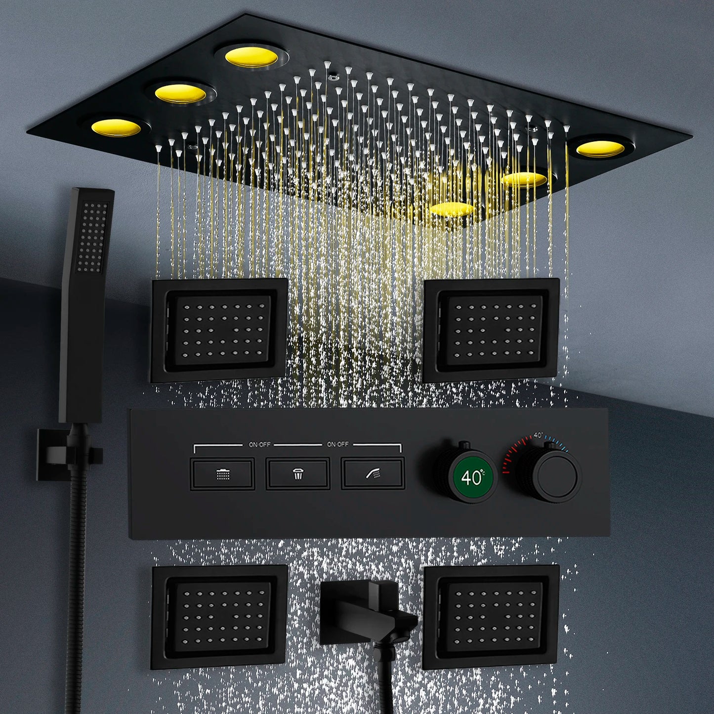MMOOKA Smart Remote LED Shower Head Set 20x14inch Panel Faucet System Lateral Jet Thermostatic Mixer Valve Button Switch Hand Shower MMOOKA.COM
