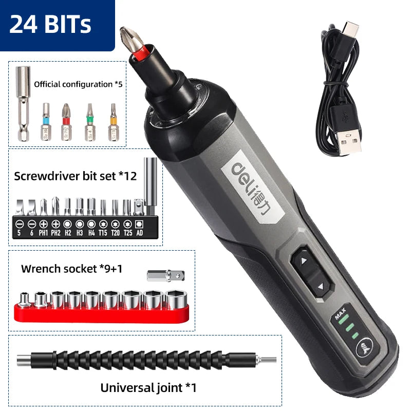 DELI 4V Electrical Screwdriver Sets Smart Cordless Electric Screwdrivers USB Rechargeable Handle 25 Bit Sets Power Tools
