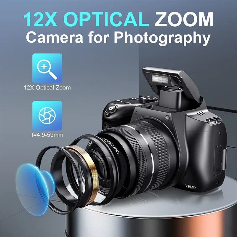 MMOOKA Digital Camera 4K 72MP 12X Optical Zoom UHD Professional photography Flash light Auto-Focus WIFI for Tiktok ins Youtube Webcast