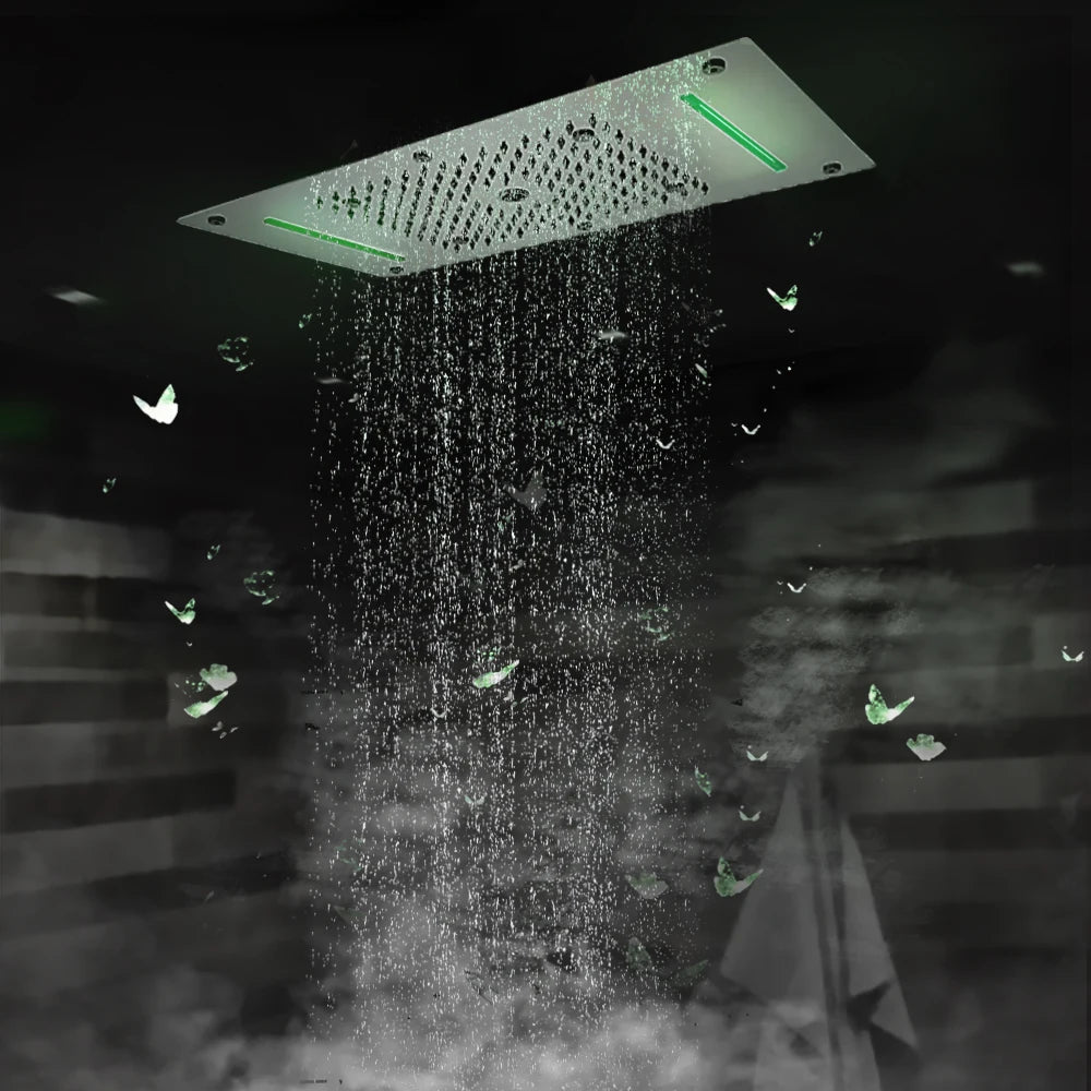 Luxury LED Ceiling Shower Head 304 Stainless Steel Recessed Mounted Square Rainfall Waterfall Bubble Mist Bathroom Showers