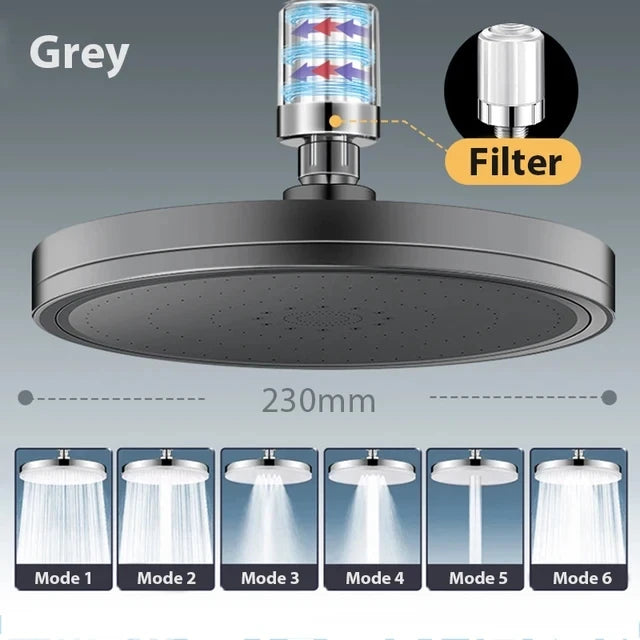 New 6 Modes Rainfall Shower Head Bathroom High Pressure Top Rain Showerheads 360° Rotation Top Spray Shower Faucet Accessories