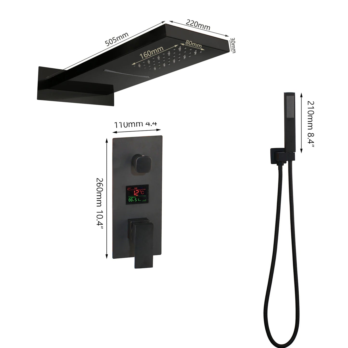 MMOOKA ZAPPO LED Black Shower Systyerm with Big Rainfall Shower Head Digital Display Shower Faucet Set handheld Shower Spayer Wall