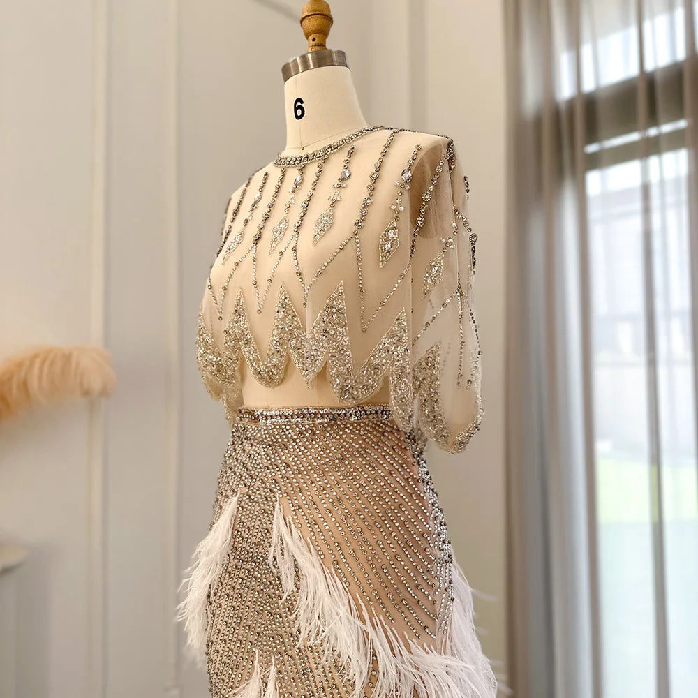 Sharon Said Luxury Dubai White Feathers Two Pieces Evening Dress for Women Wedding Beads Short Prom Party Gowns SS363 Customized