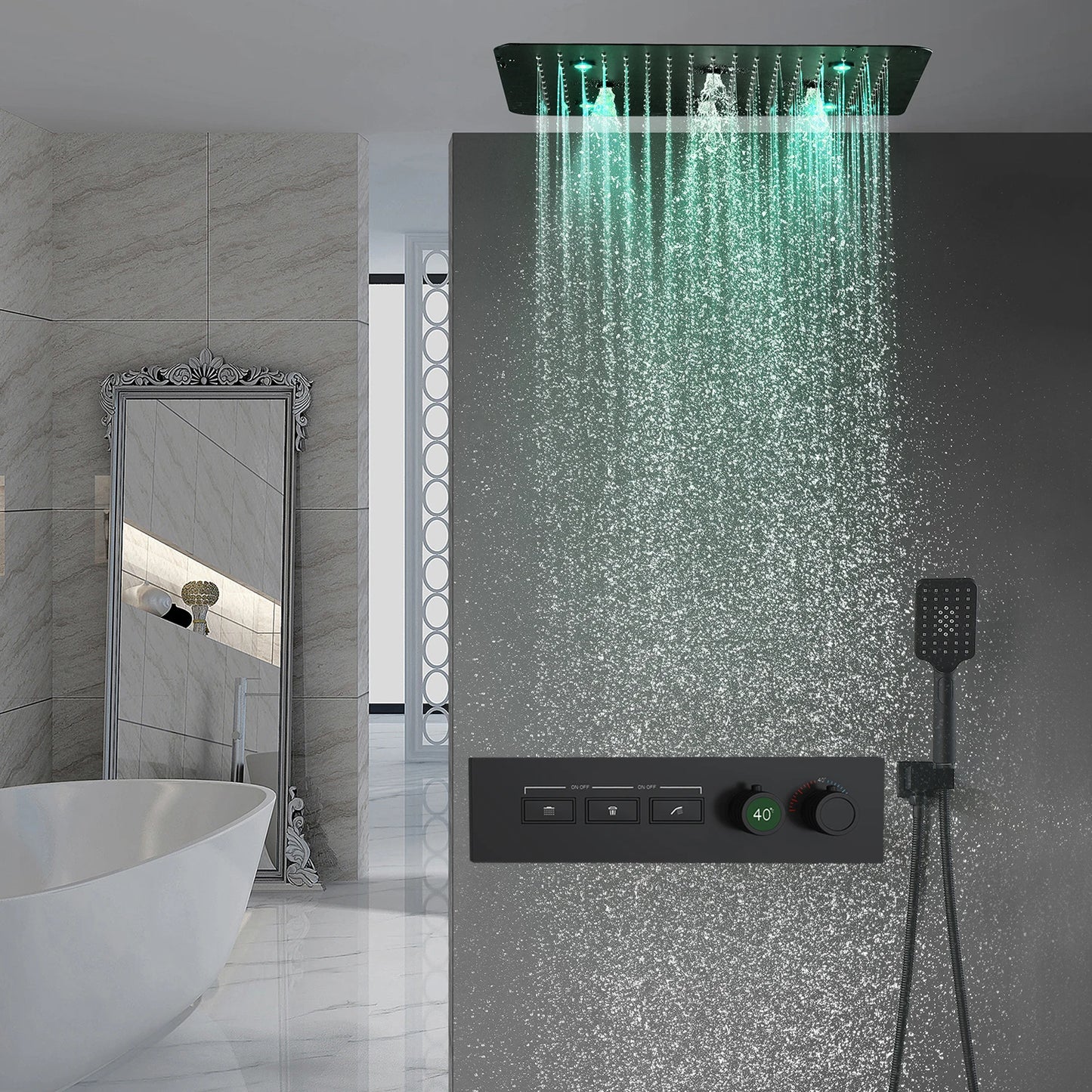 ANTNX Matt Black Surface Remote LED 20inch Square Shower Head Ultra Thin Panel Thermostatic Faucet Mixer System Rainfall Spray Set ANTNX.COM