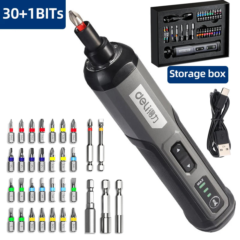 DELI 4V Electrical Screwdriver Sets Smart Cordless Electric Screwdrivers USB Rechargeable Handle 25 Bit Sets Power Tools
