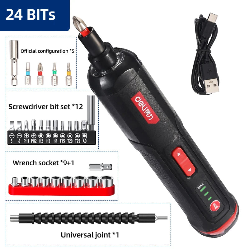 DELI 4V Electrical Screwdriver Sets Smart Cordless Electric Screwdrivers USB Rechargeable Handle 25 Bit Sets Power Tools