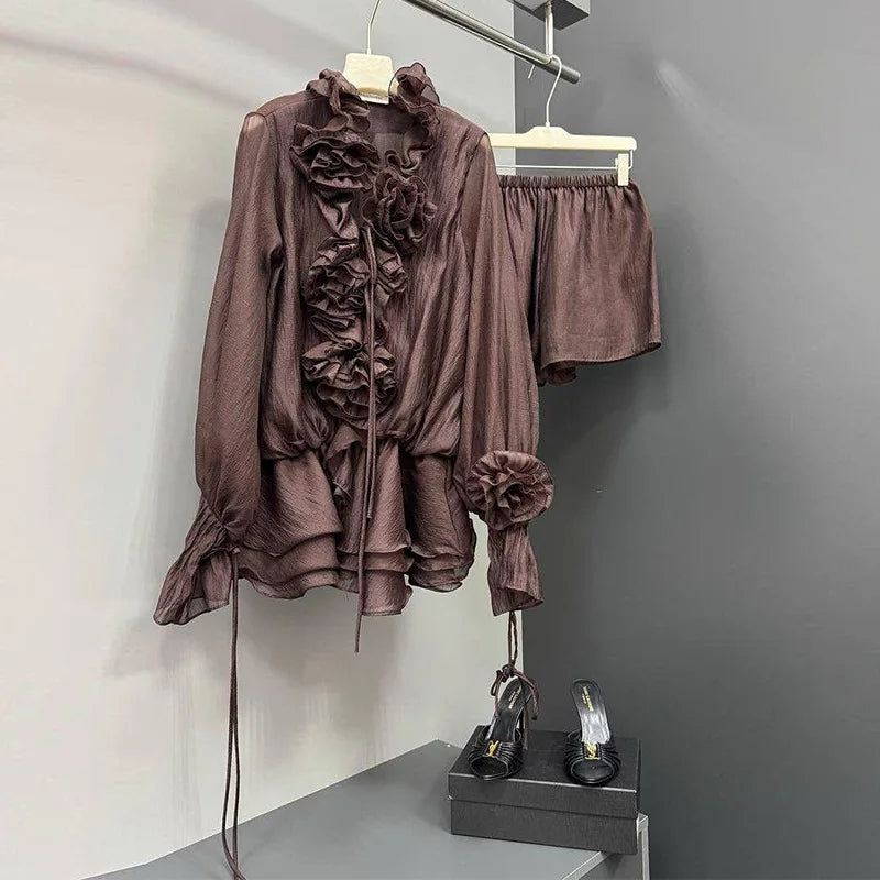 Summer Women Mesh Spliced 3D Flowers Chiffon Shirt Long Lantern Sleeve Gauze Ruched Lotus Blouses Tops + Elastic Shorts 2Pcs Set