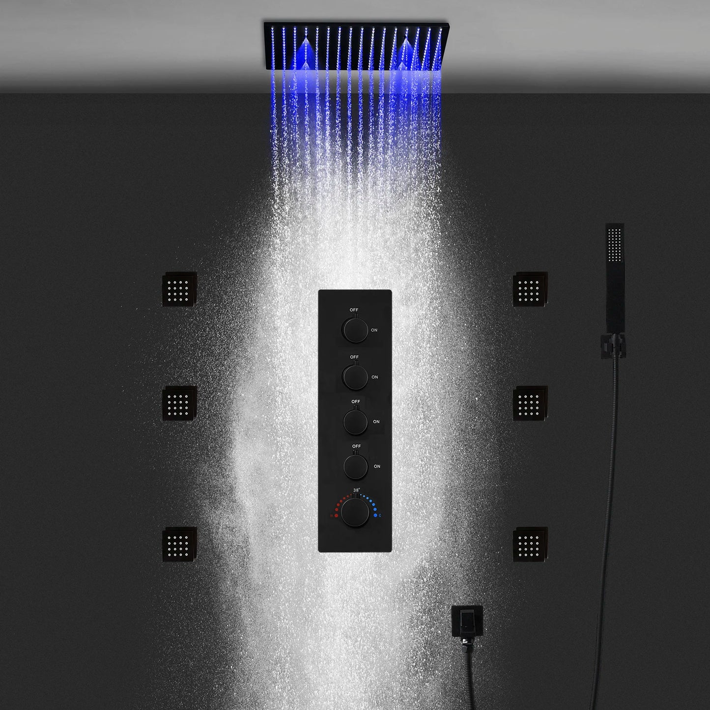 ANTNX Luxury 16/20 Inch 400/500mm Rainfall Mist Spray LED Shower Head Set Constant Temperature Valve Mixer With Side Massage Jets ANTNX.COM