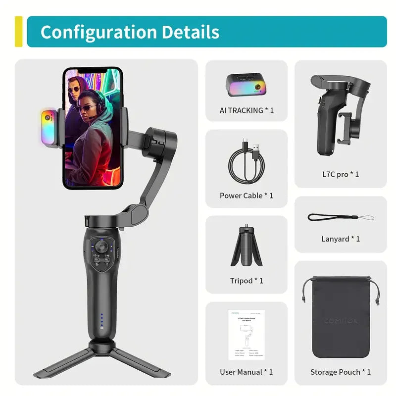 MMOOKA Comitok 3-Axis Gimbal Stabilizer for Smartphone iPhone Android with AI Face Tracking RGB Magnetic Light for TikTok Vlog Portable