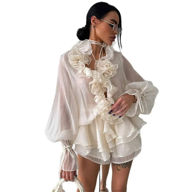 Summer Women Mesh Spliced 3D Flowers Chiffon Shirt Long Lantern Sleeve Gauze Ruched Lotus Blouses Tops + Elastic Shorts 2Pcs Set