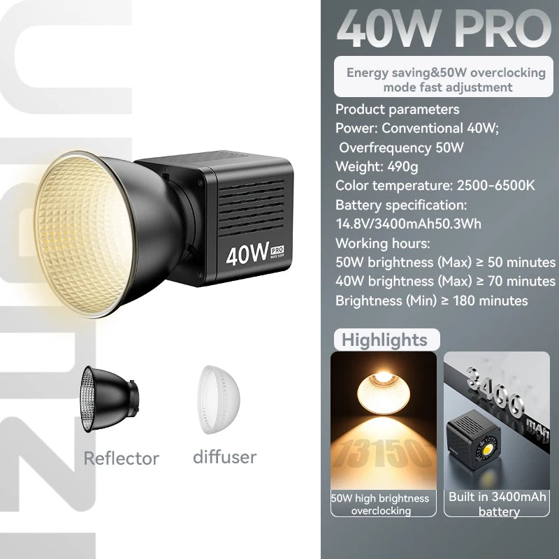 MMOOKA Ulanzi 40W Pro COB Video Light 2500-6500K Bi-Color Photographic LED Light for Photo Studio Film Camera Shooting Livstream Tikok